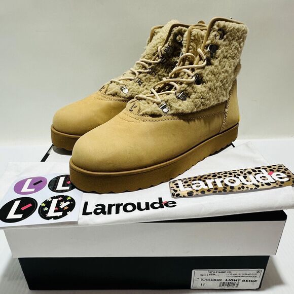 Larroude Vail US 11 Snow Boots Sand Nubuck Leather Faux Fur Waterproof NIB $415 - Picture 14 of 15